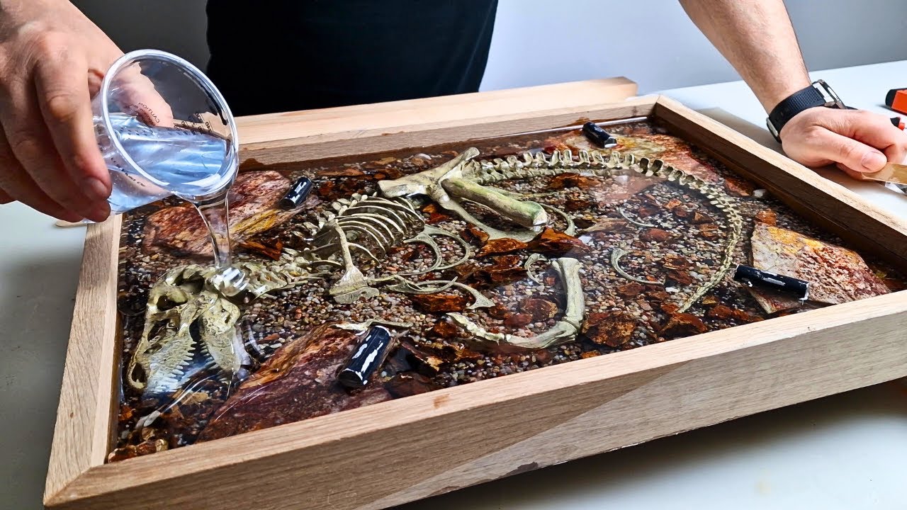 Coffee Table Made of Oak and Epoxy Resin with Led Jurassic Park
