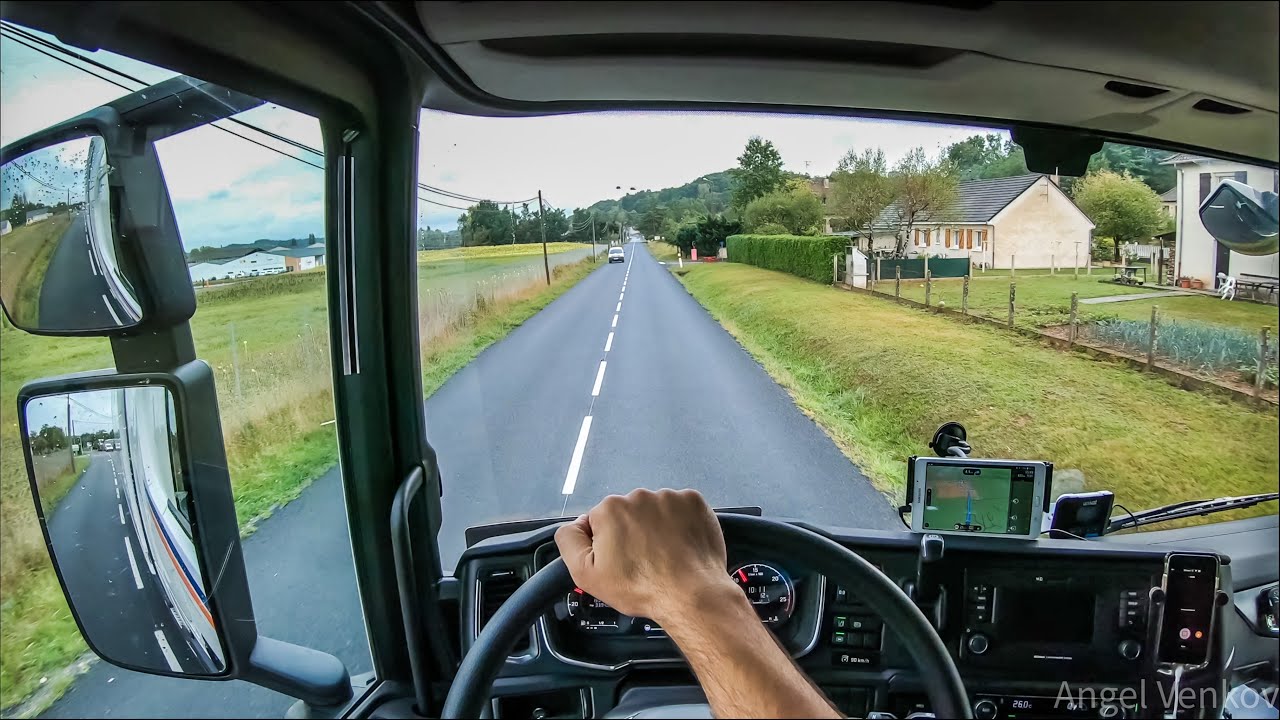 POV truck Driving Scania R450 narrow roads of beautiful center France🇫🇷4k cockpit view