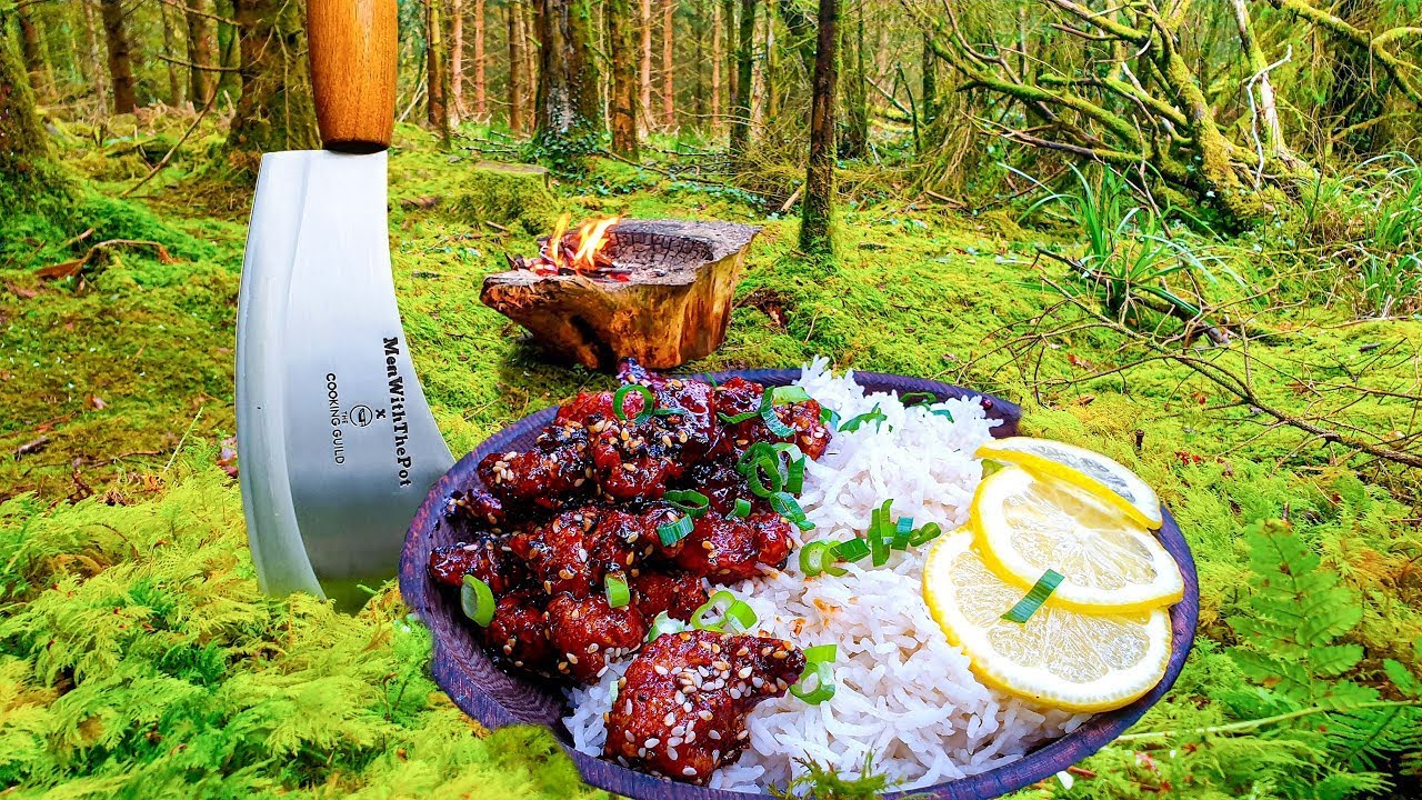 Arroz con pollo crujiente en el bosque - comida r&uacute;stica.