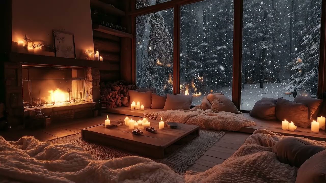 Cozy Snowy Fireplace Escape | Gentle Piano Melodies and Fire Sounds for Peace
