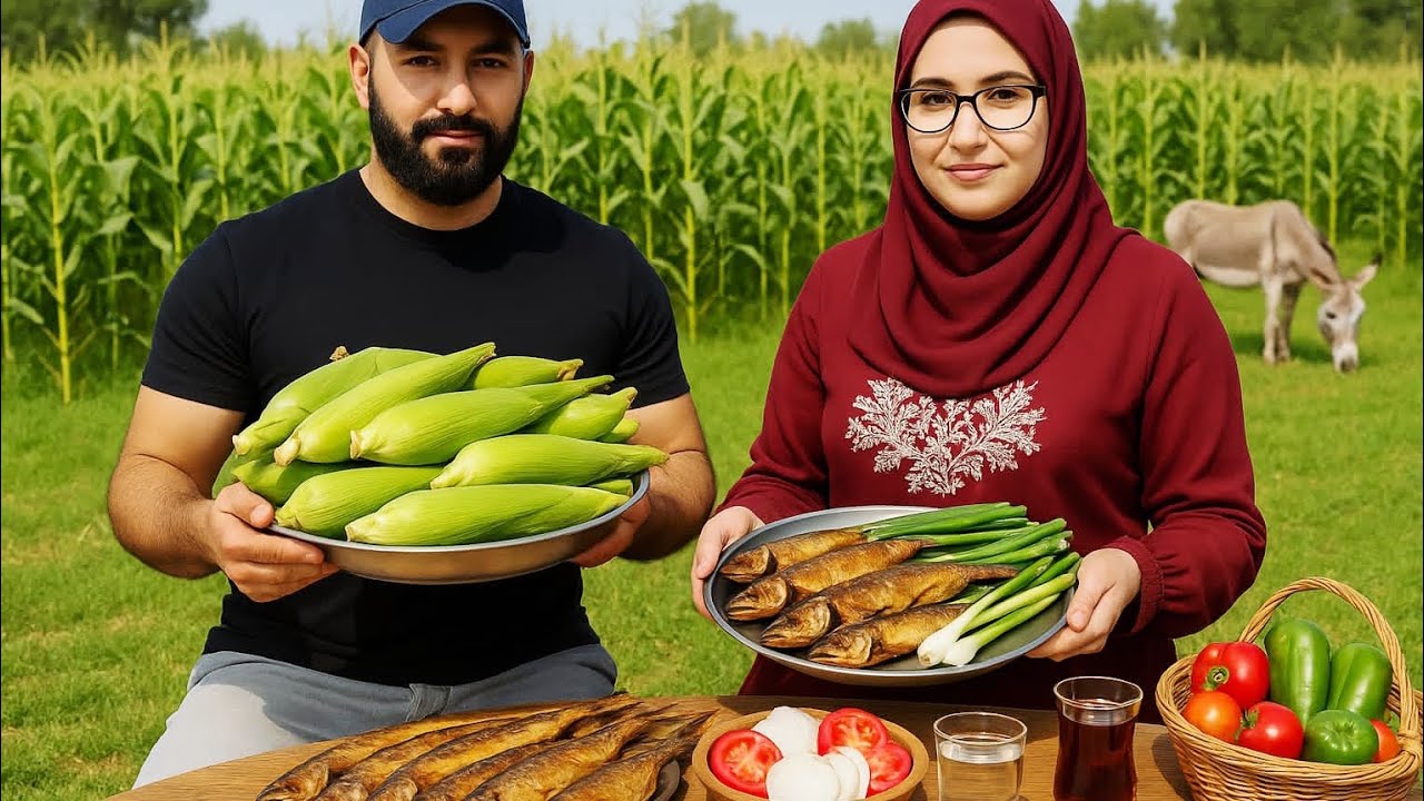 بشاير أول موسم الذرة الأخضر وشويه مع ثلاث أطباق رنجة من الريف 