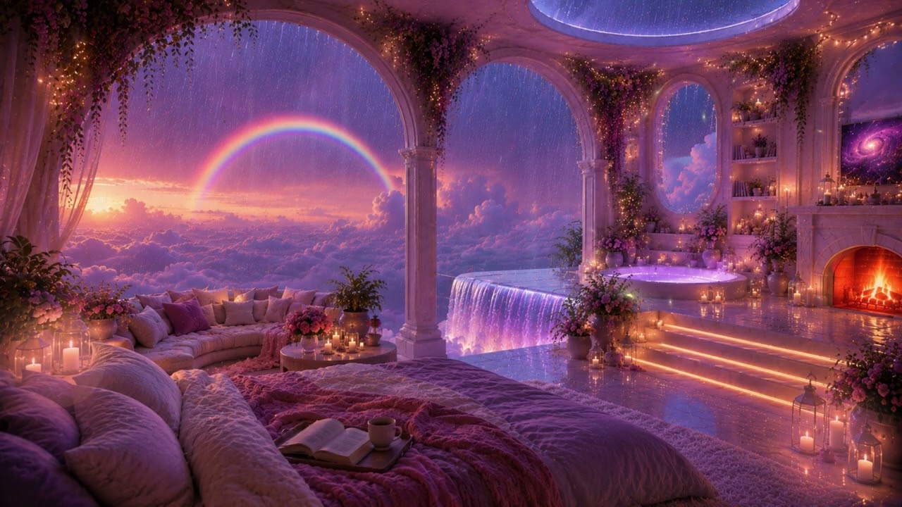Dreamy Cloud Room 🌈🌧️ | Rainy Night & Cozy Fireplace Ambience 2H