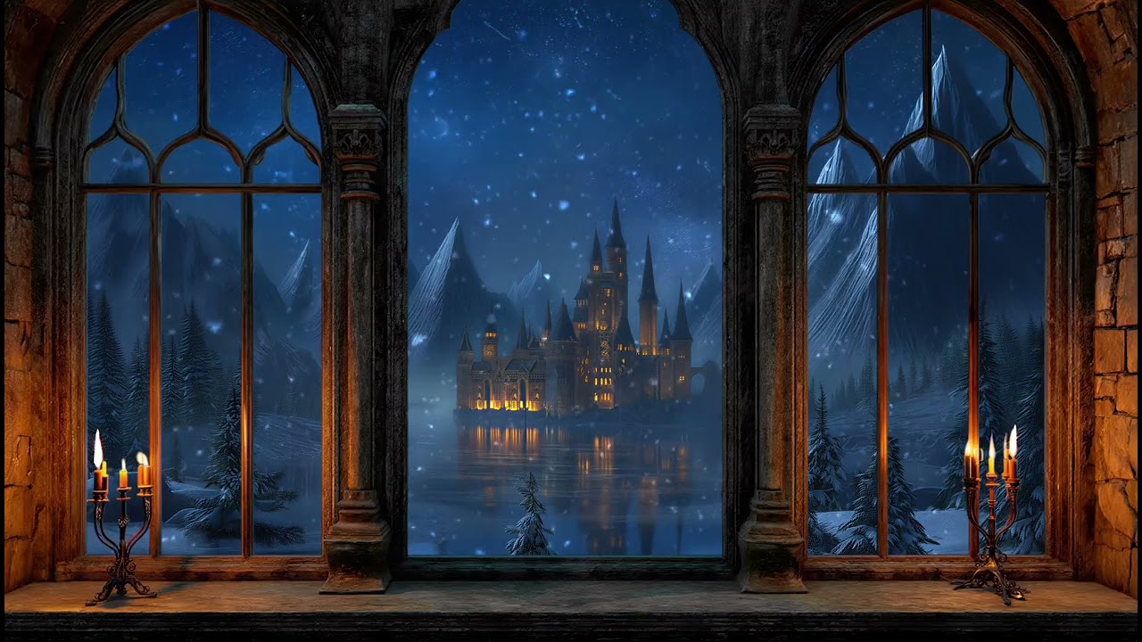 🌙 4K Fairytale Castle & Village Through the Window | Magical Night Ambience