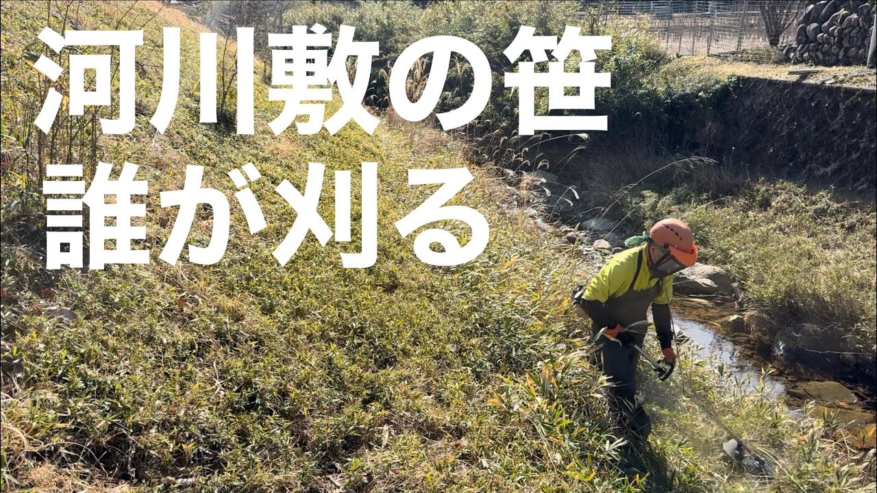 田舎暮らしの日常　￼￼河川敷の笹を刈ります、川が見えて気持ちいい　飛騨の山奥での生活