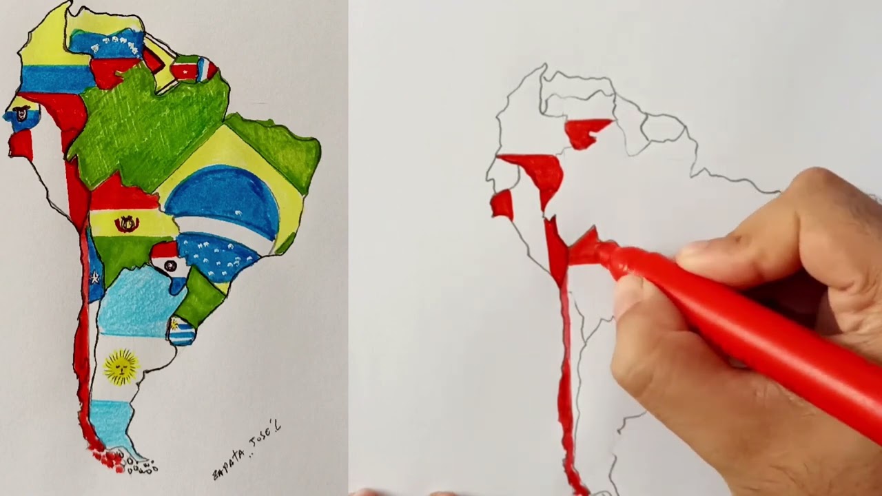Dessinez la carte complète de l'Amérique du Sud avec ses drapeaux