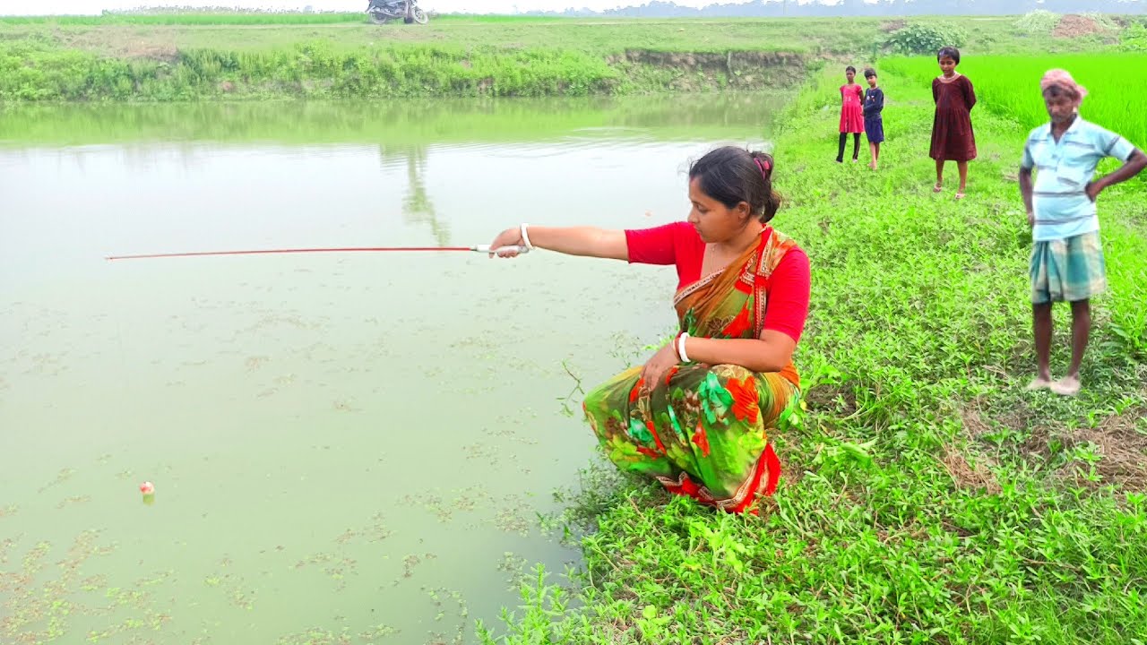 Fishing video ✅ Frist time lady caught big fish in the forest new pond using hook | fishing hook
