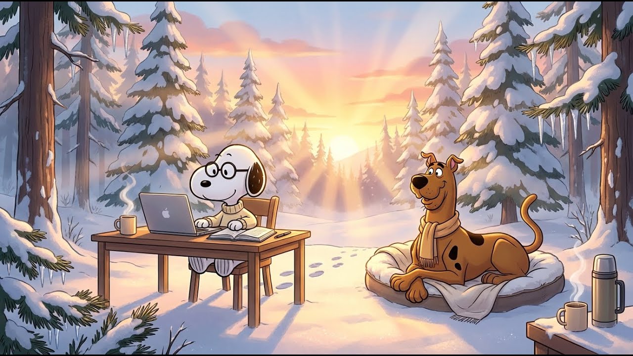 Snoopy near Snowy Pines at Sunrise ❄️ Quiet Reset Energy with Smooth Jazz for Study / Reading / Work