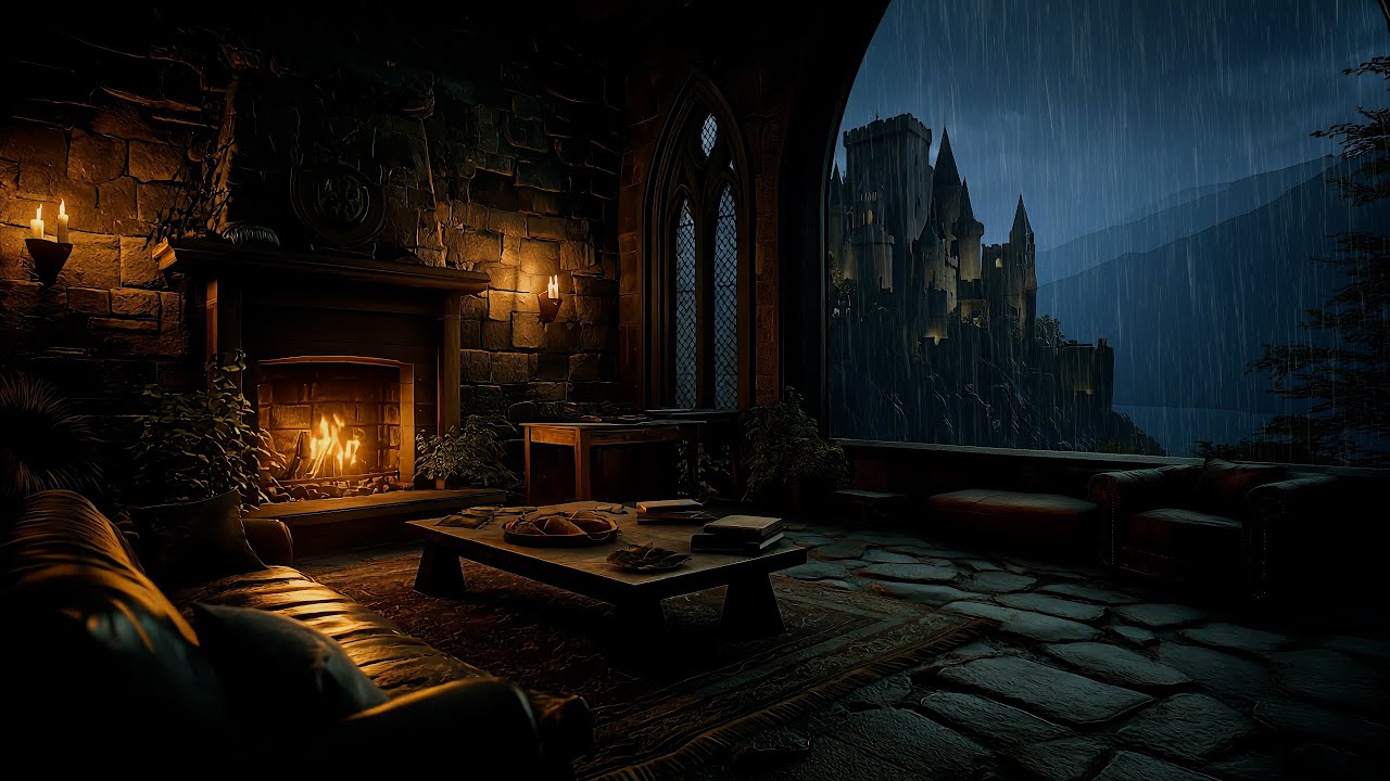 Cozy Old Castle Room When Rain and Thunder with Crackling Fireplace - Medieval Ambience