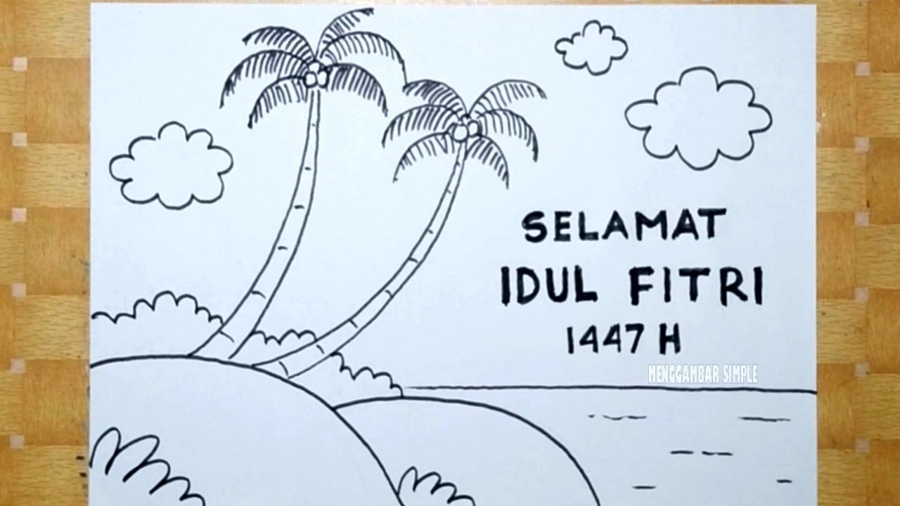 Cara menggambar poster Idul Fitri - Menggambar pohon kelapa