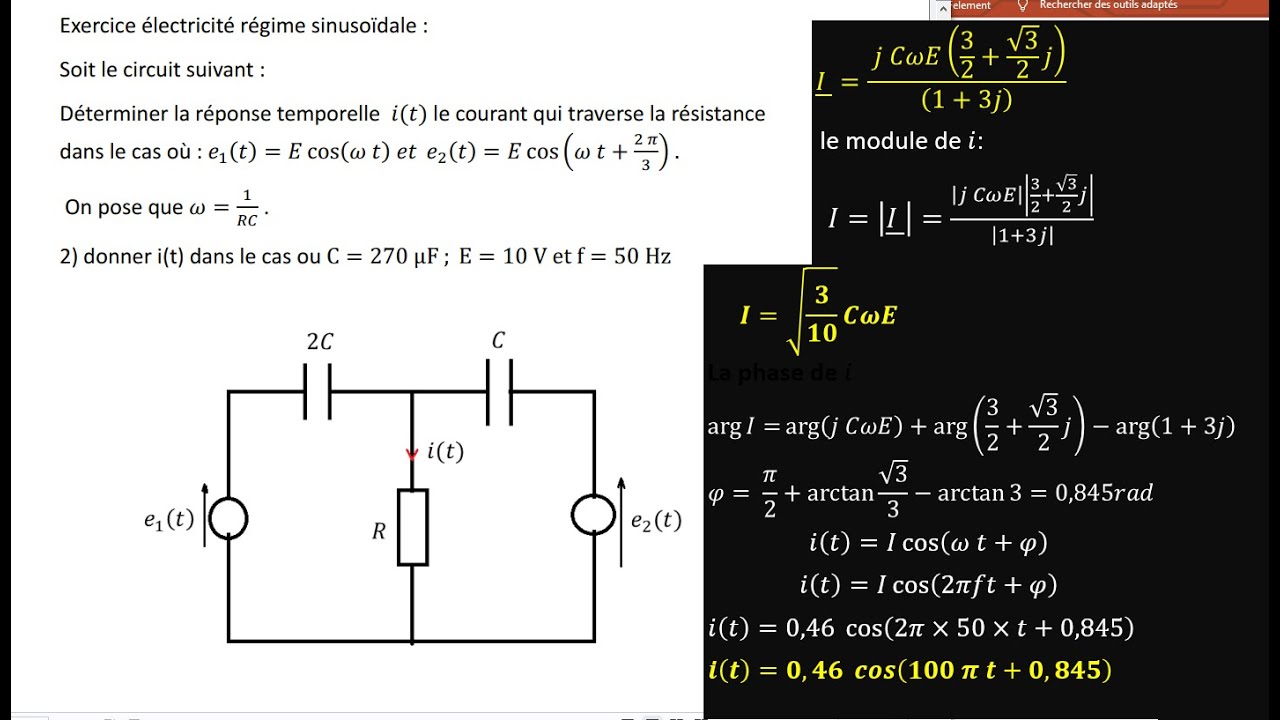 exercice d'électricité régime sinusoïdale, méthode des complexe circuit alimenté par 2 générateurs