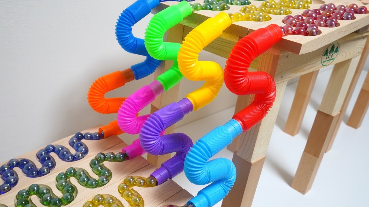 マーブルランレースASMR☆繋げた小さなくねくねカラフルトンネルとカタカタレールといつものHABAスロープ【AMSR best marble runs】