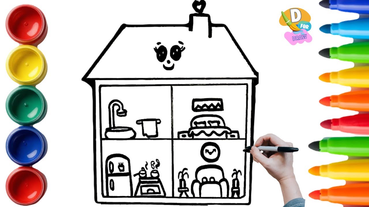 How to Draw a Cute Doll House with Rooms | Easy Step-by-Step Drawing for Kids”