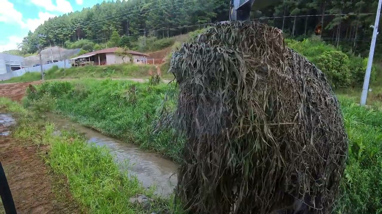 escavadeira fazendo limpeza de valas com muito capim