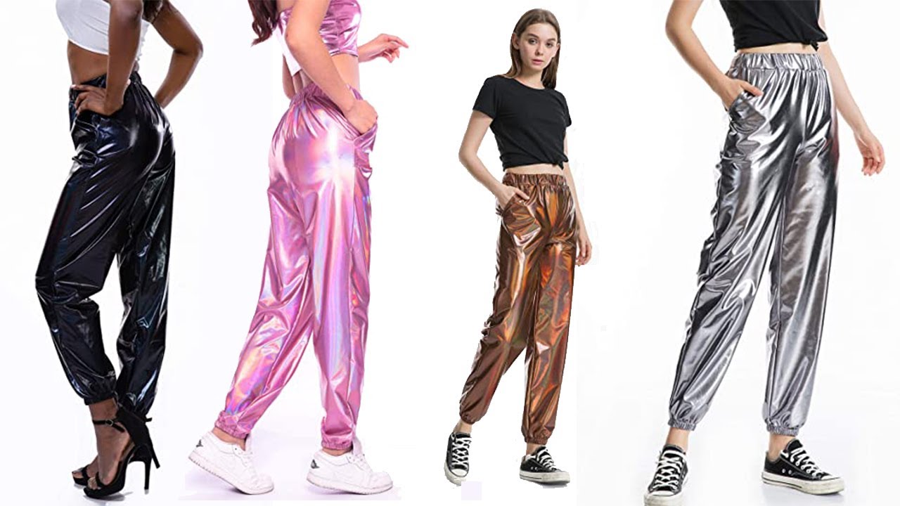 Metallic Shiny Jogger Pants: Tapered Pant Holographic Hip Hop Sweatpants with Pockets