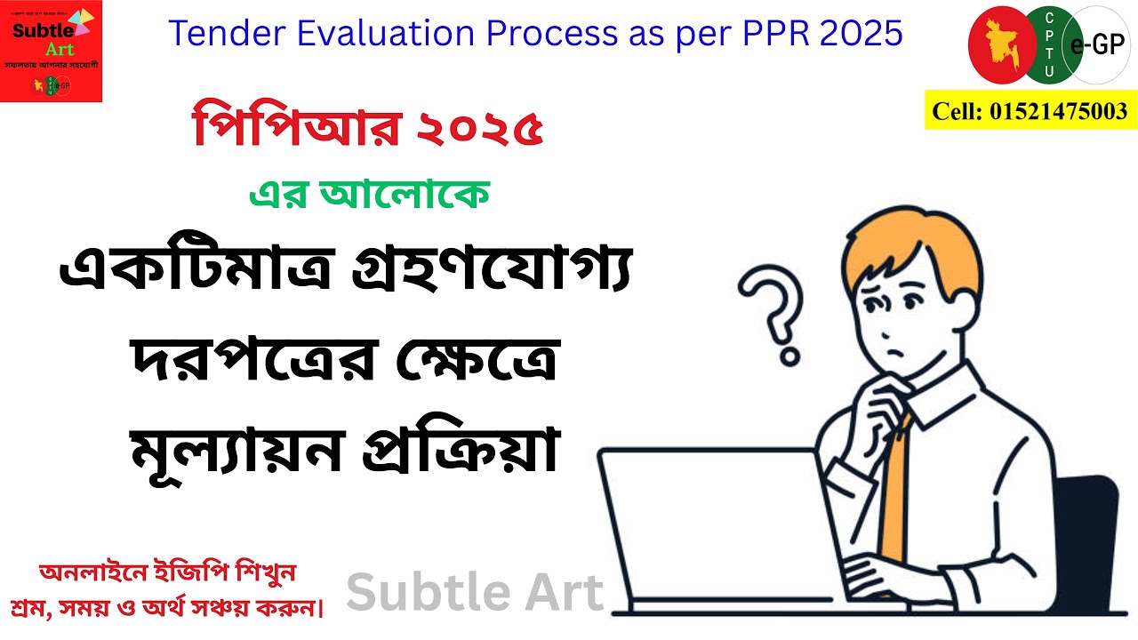 একটিমাত্র দরপত্র দাখিল হলে মূল্যায়ন প্রক্রিয়া। Tender Evaluation for Single Tenderer as per PPR 2025