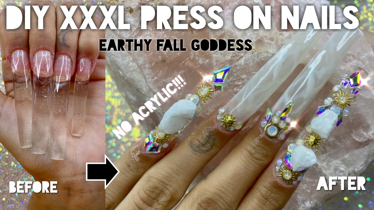 DIY XXXL PRESS ON NAILS | no acrylic!!! | earthy goddess / fall white Quartz nails | vanity Val
