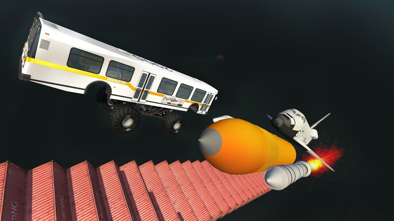 Stair Jumps Down Crashes Into Giant Spaceshuttle with Rocket - Beamng drive