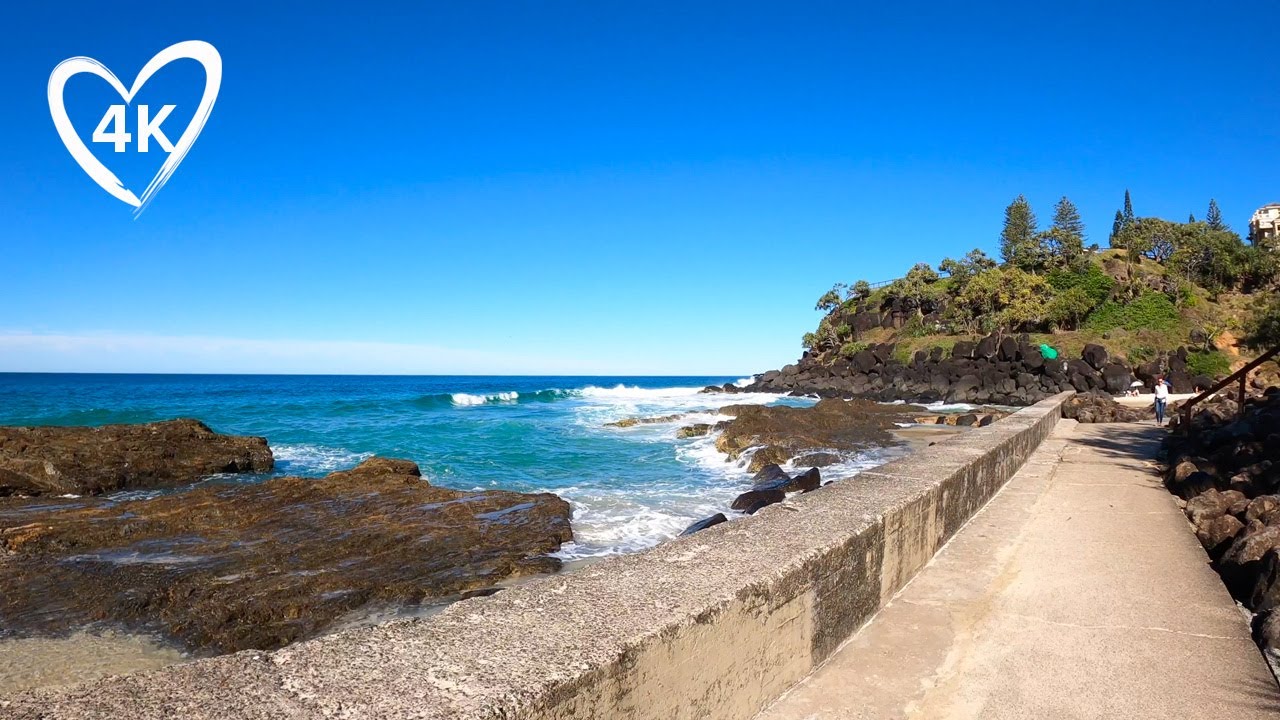 Scenic Surf Beach Walk in 4K -- Coolangatta, Rainbow Bay Virtual Tour - Gold Coast Australia