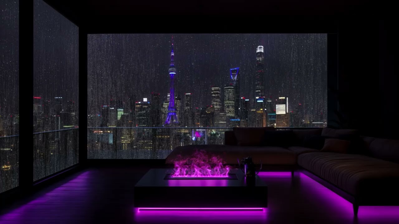 🌧️Peaceful High-Rise Rainy Night (No Ads) 🔥 | Soft Thunder, Cozy Fireplace for Focus & Deep Sleep