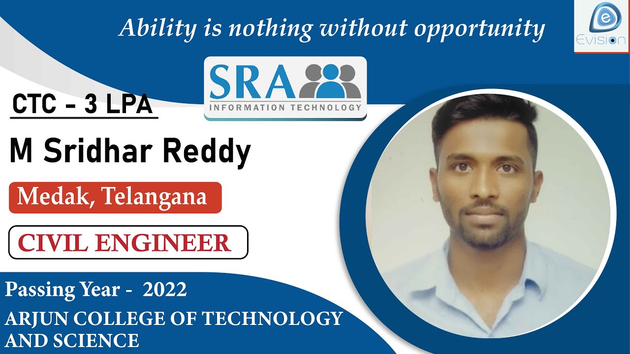 Congrats, M Sridhar Reddy | Selected in SRA Information Technology | 3LPA | CIVIL ENGINEER | Medak