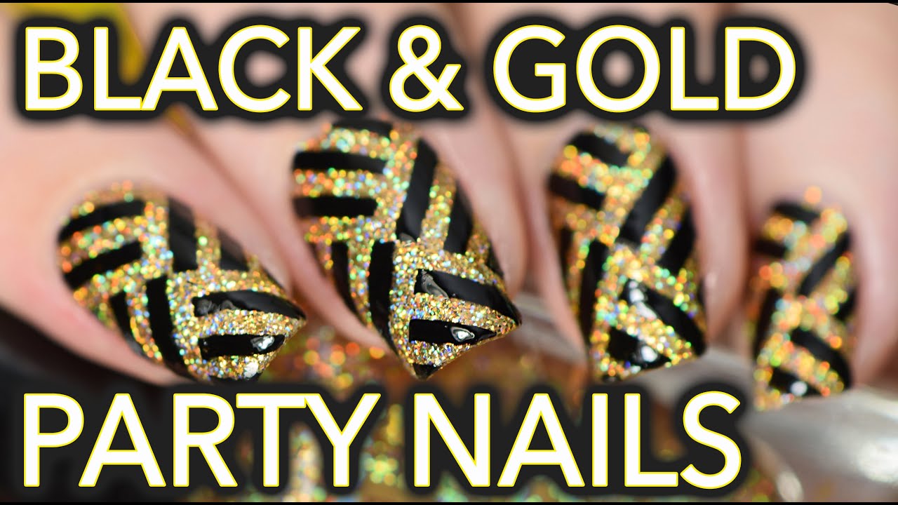Black & gold fancy party striped nail art