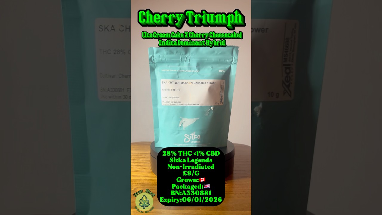Cherry Triumph by Sitka Legends - 28% THC. One Bud Medical Reviews. UK Medical Cannabis Flower.