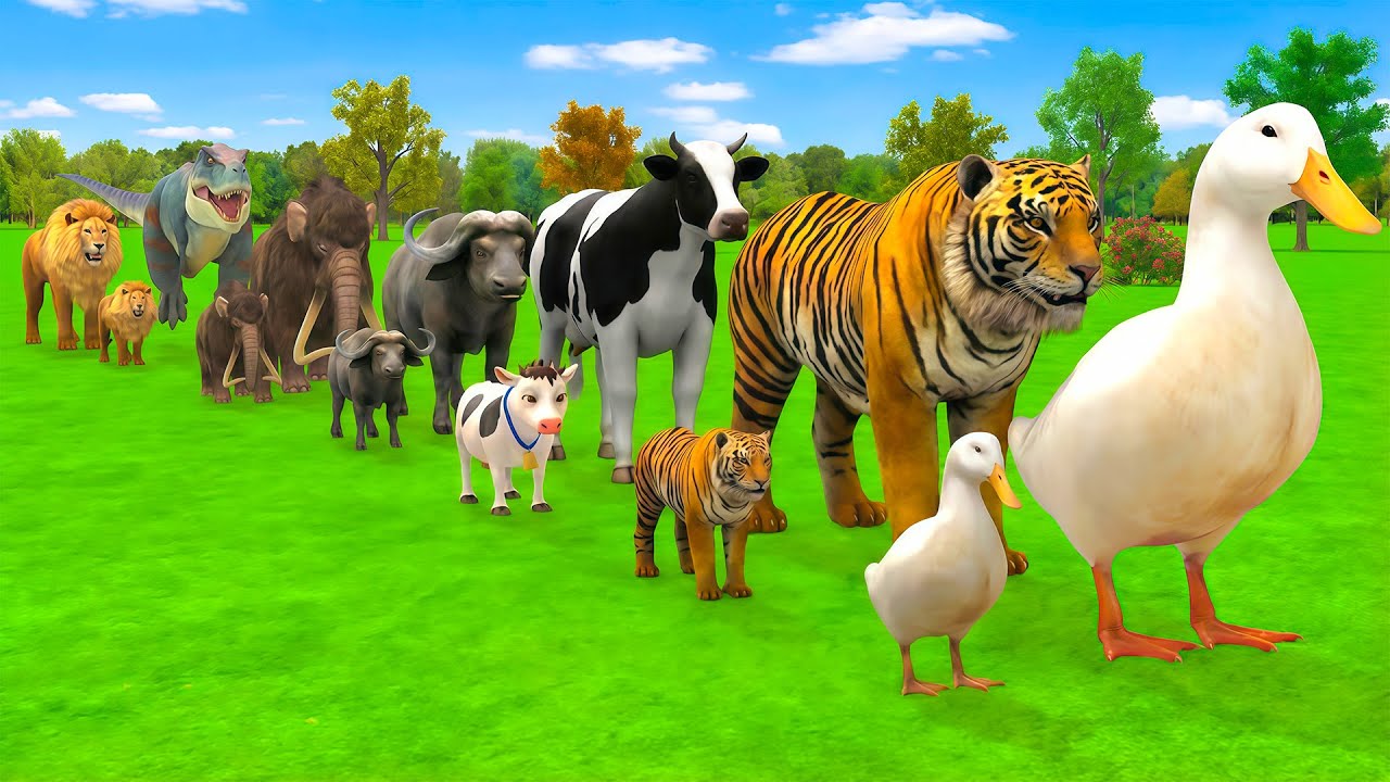 Long Slide Game With Cow Elephant Gorilla Hippopotamus Tiger - 3d Animal Game - Funny 3d