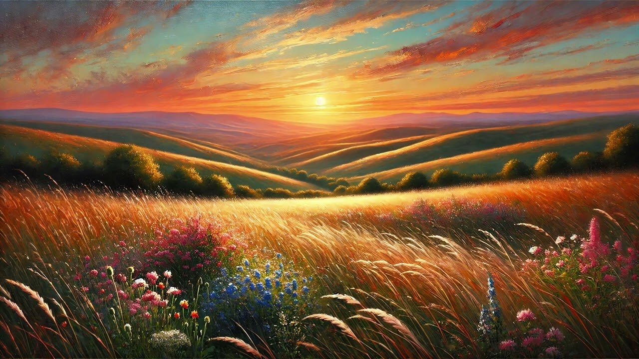 🌄 Vibrant Wildflower Meadows - Oil Painting | 4K TV ART Wallpaper | Sunset Over Colorful Hills  ✨