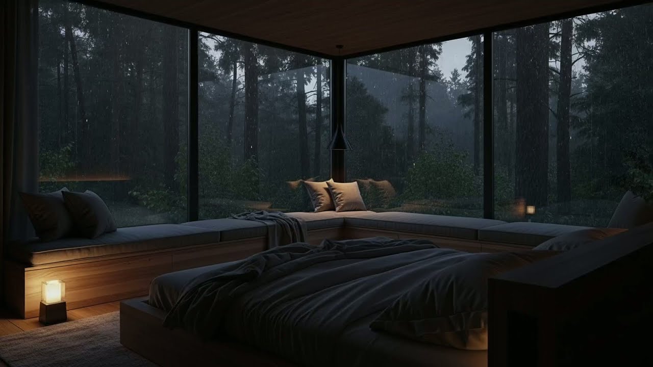Cozy Bedroom with Lantern Rain Ambience | Heavy Night Rain in Forest | Dark Screen for Sleep