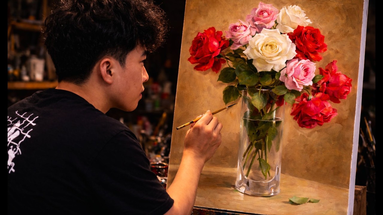 🌹 You Won&rsquo;t Believe This is Acrylic! | Painting Realistic Roses in Glass Vase | #186