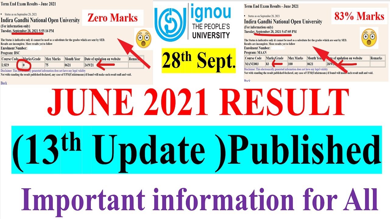 IGNOU JUNE 2021 Exam Result 13th Update Published, Important information For IGNOU Students