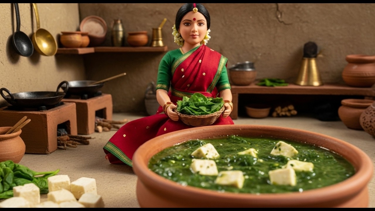 Miniature Doll Cooking: Harvesting Fresh Village Greens for Palak Paneer ASMR