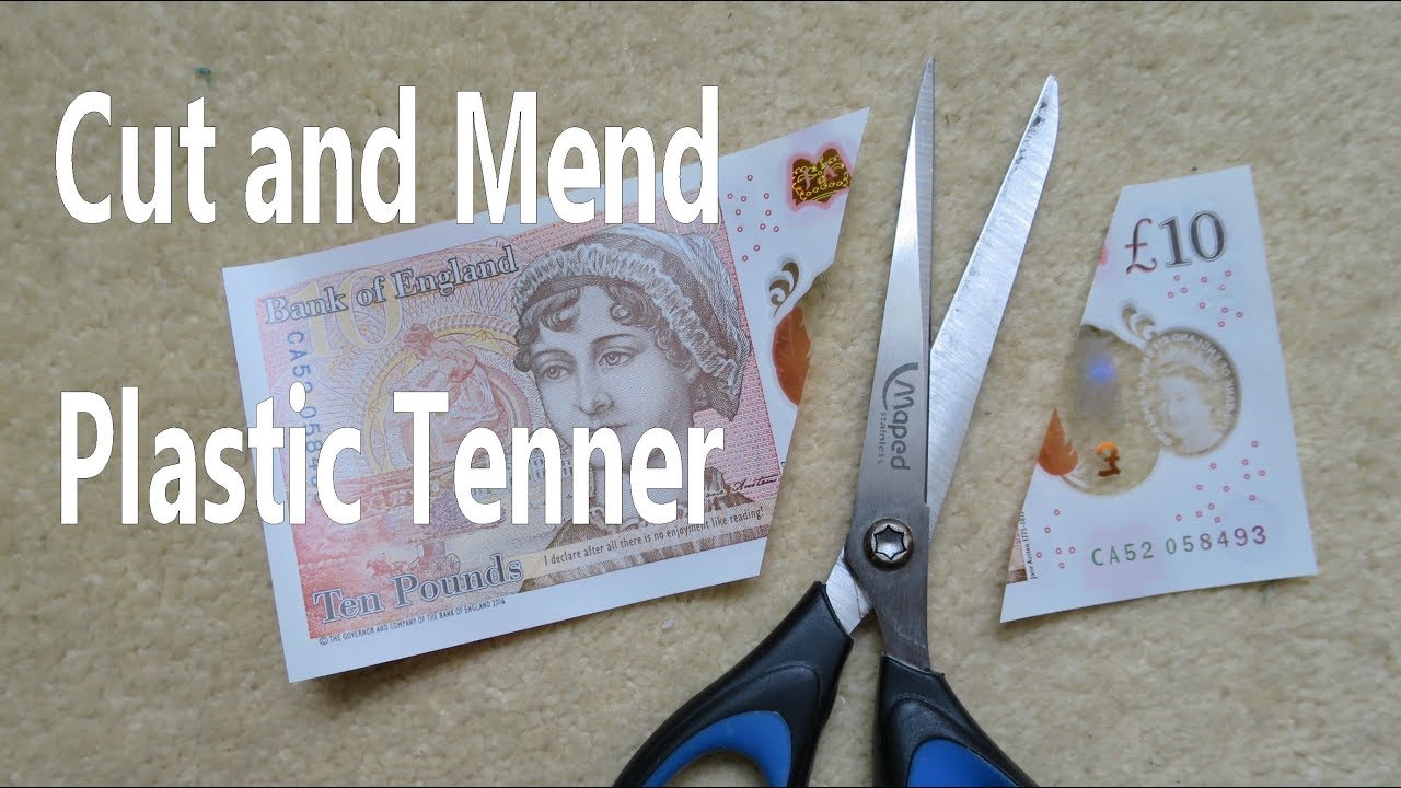 Plastic UK ten pound note cut in two - rejoining with an iron - lifehack