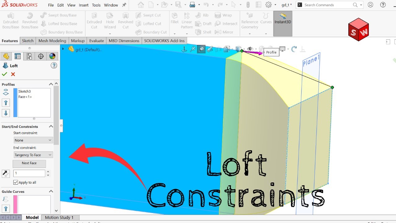 Как применить начальные и конечные ограничения к элементам Solidworks Loft