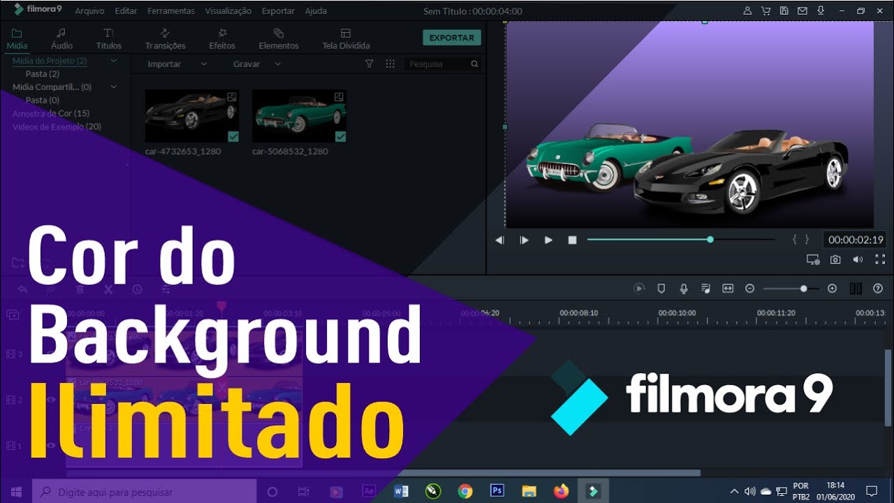 Tutorial FILMORA 9 - Como fazer a cor do Background ilimitado |  Plano de fundo