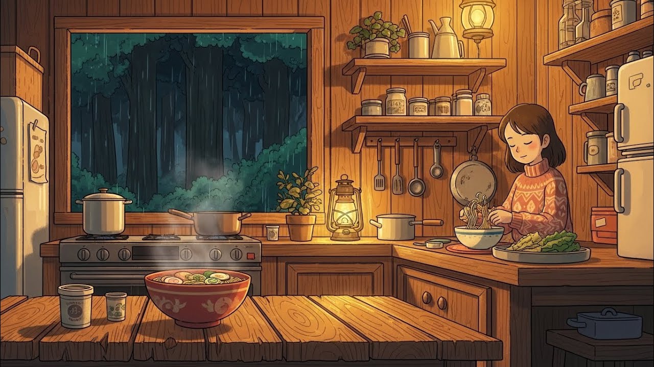 Rainy Forest Cabin Night | Cooking Hot Ramen in a Cozy Wooden Kitchen