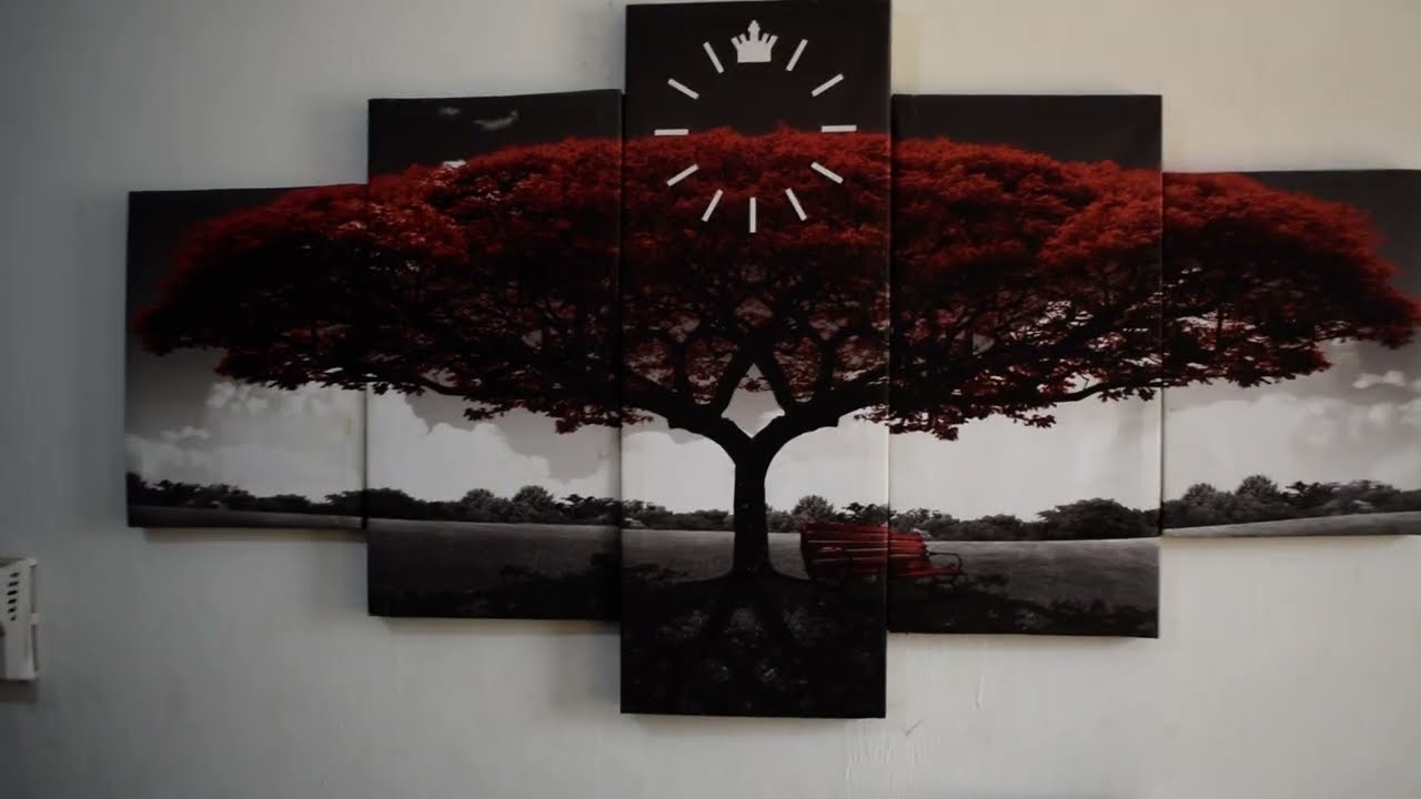 Red Tree 5 panel split canvas wall art framed for home decor