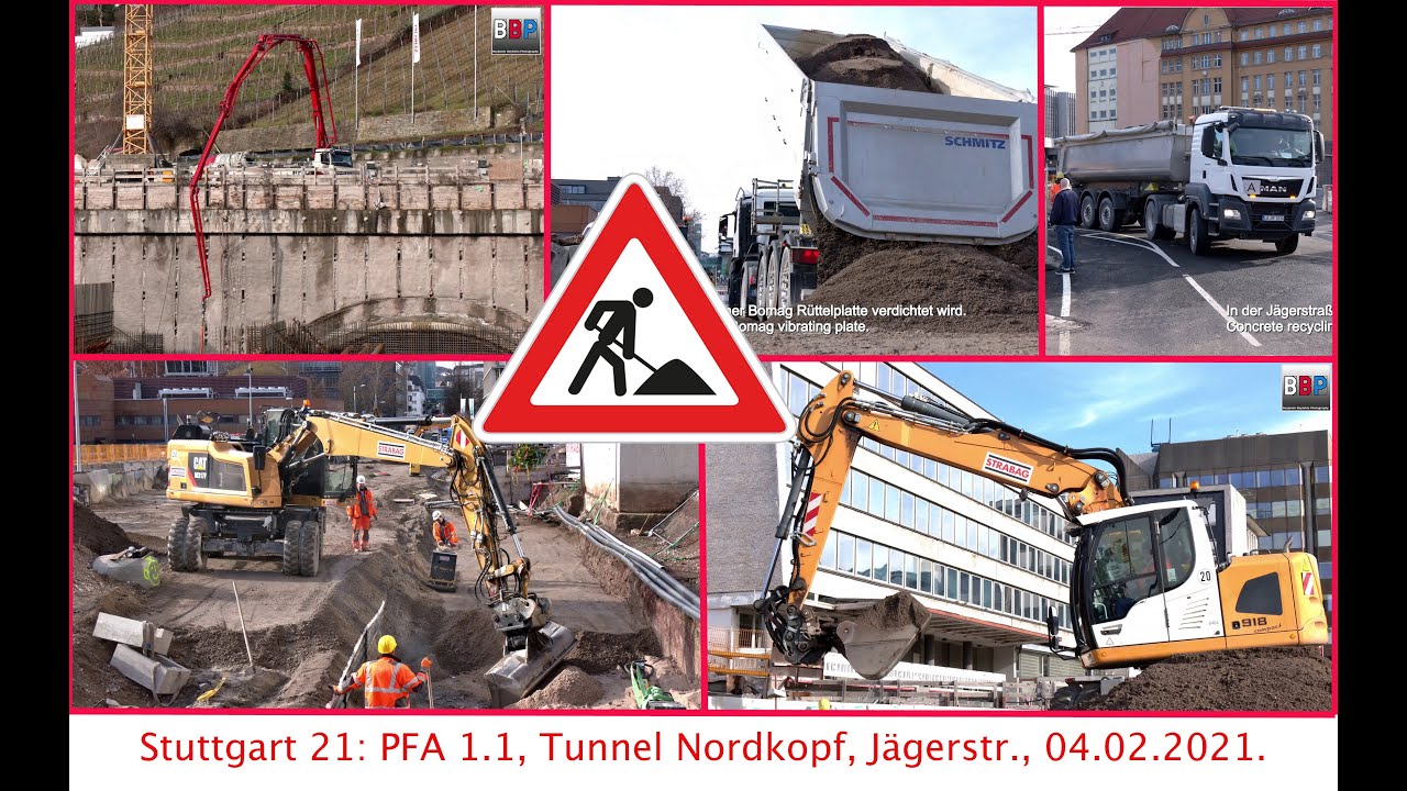 Stuttgart 21: LIEBHERR A 918, CAT M317F, MAN,... J&auml;gerstr. PFA 1.1, BA 1+2, 04.02.2021.