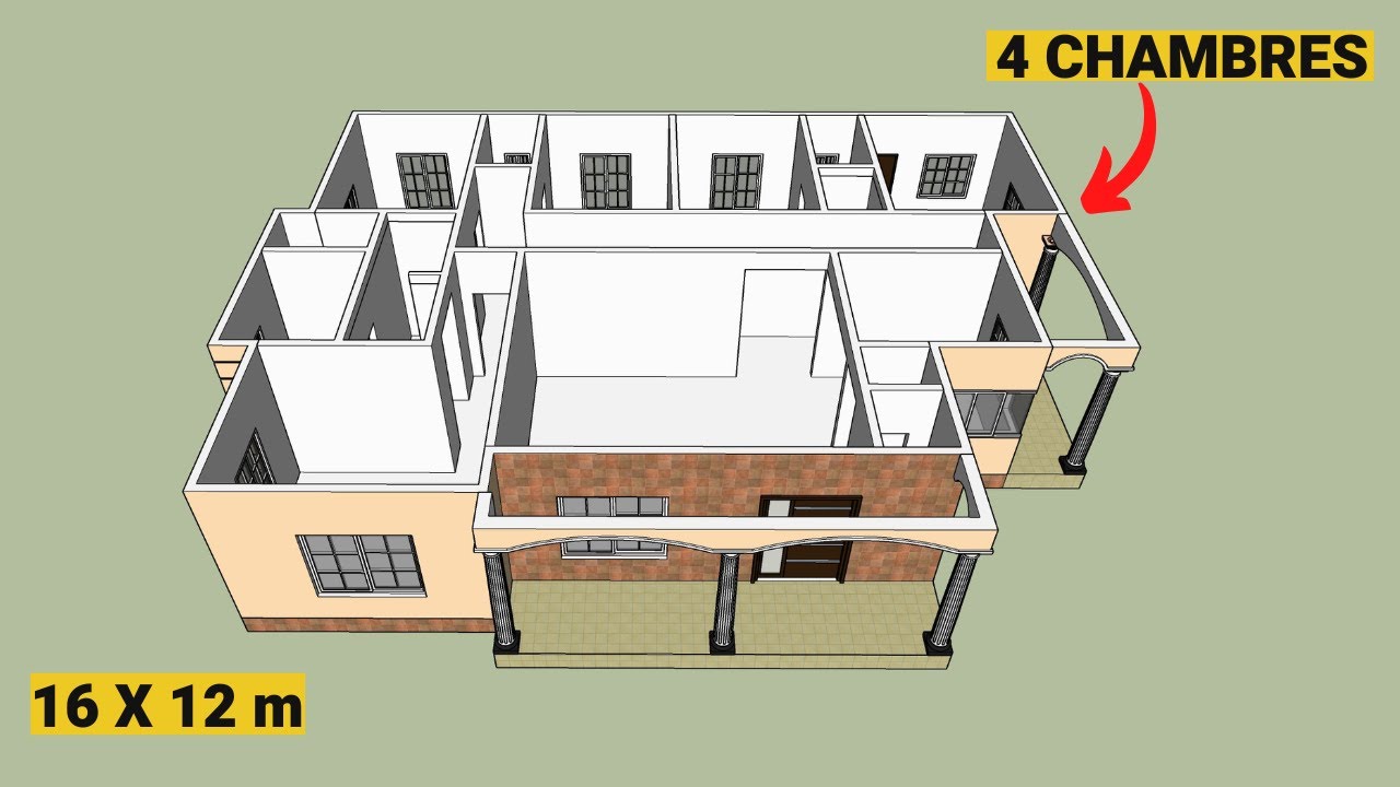 PLAN DE  MAISON VILLA DE QUATRE CHAMBRES (Small House design 16 x 12 meters)