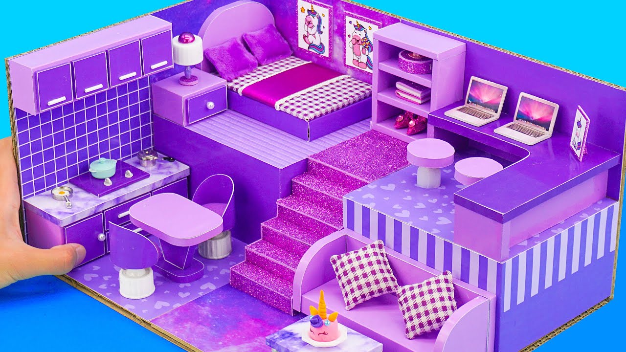 DIY Miniature House #43 Build Purple Bedroom, Kitchen and Living Room for Two From Cardboard