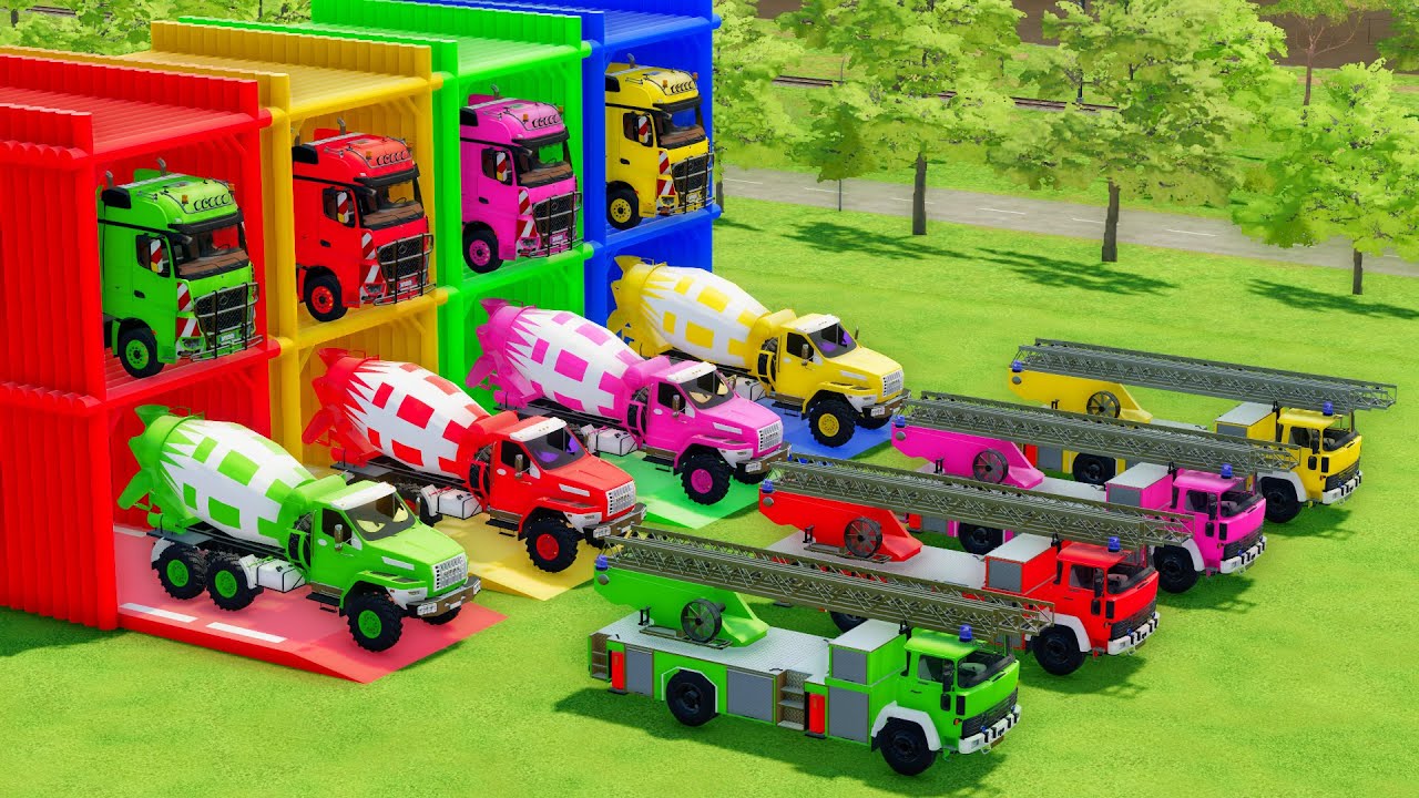 Garage with Colors - ALL MIXER TRUCK WITH DOUBLE FLATBED TRAILER TRUCK, MERCEDES, URAL, MAGIRUS
