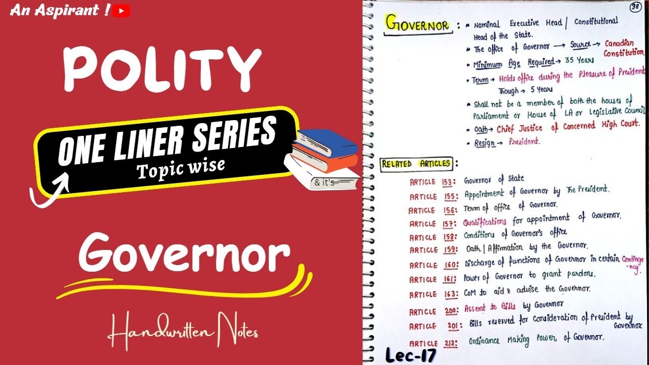 One Liners (Topic wise) || Indian Polity || Governor —Lec.17 || Handwritten Notes || An Aspirant !