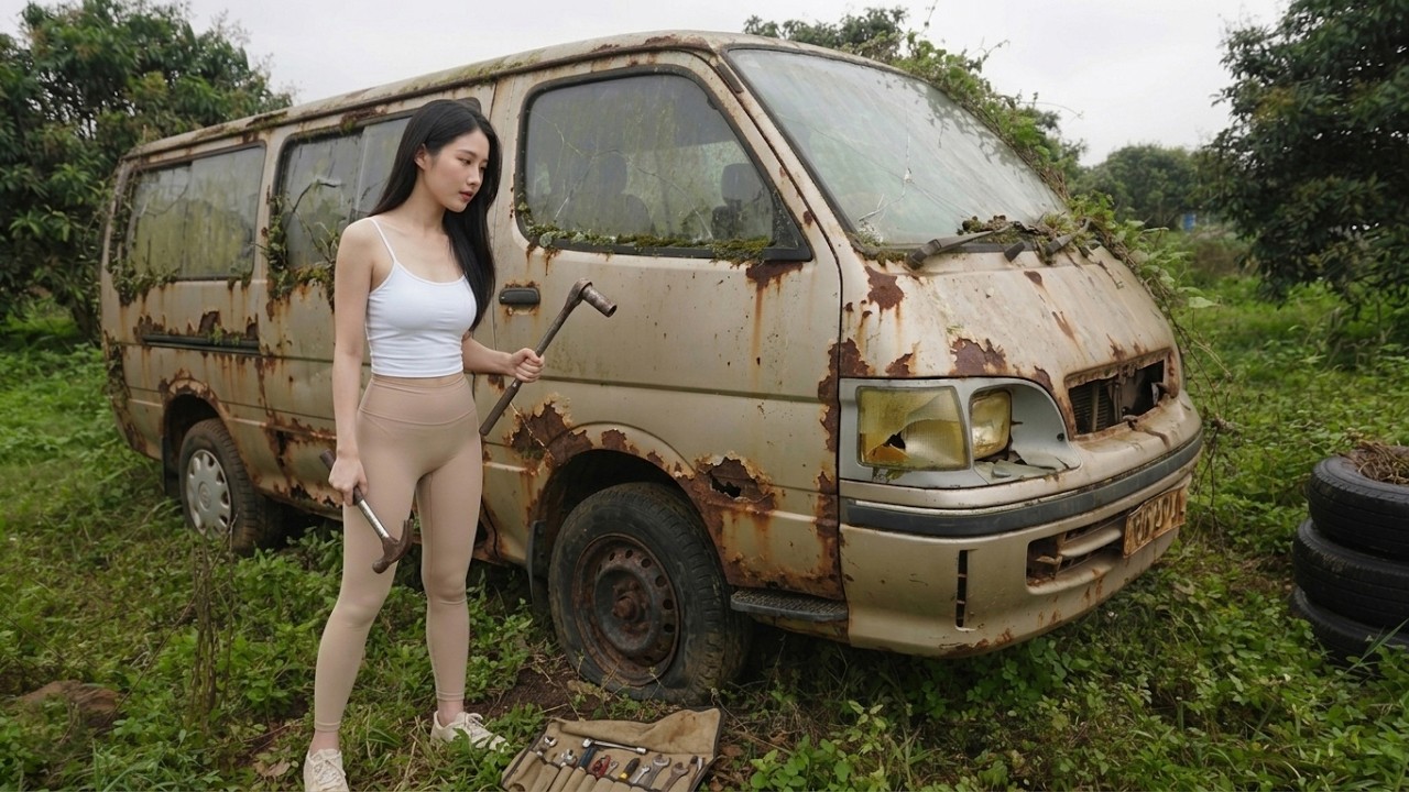 The girl modified and converted an old, abandoned Toyota (HIACE) into an ambulance
