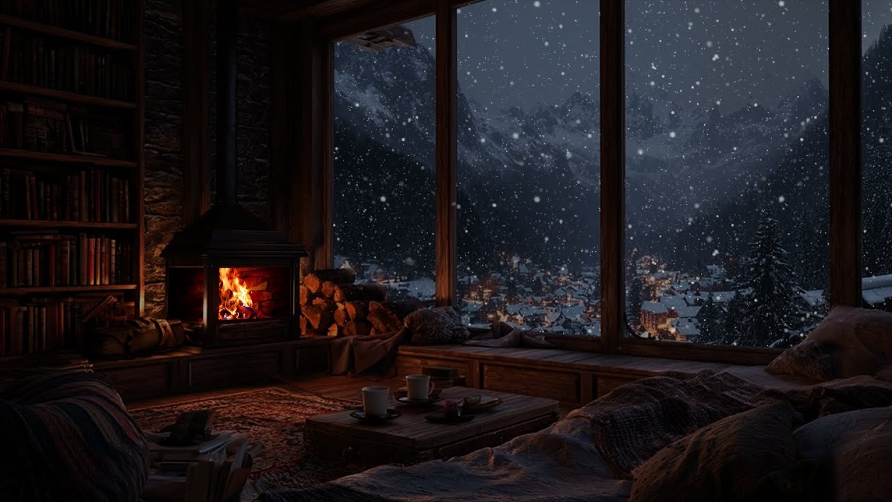 Soft Winter Snow Over Warm Firelight ❄️ A Still Night Atmosphere for Deep Rest