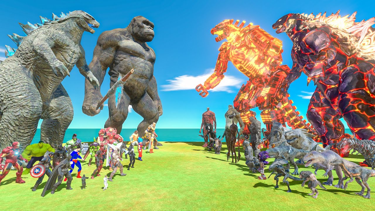 Superheroes with King Kong and Godzilla 2014 vs Creepy Monster with Mechagodzilla and Godzilla 2021