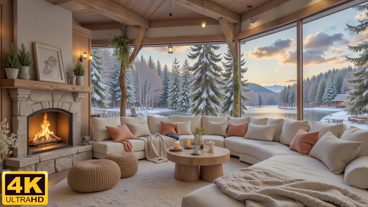 Cozy November Winter Morning By The Lake ❄️ Soft Piano & Warm Fireplace Ambience For Deep Focus