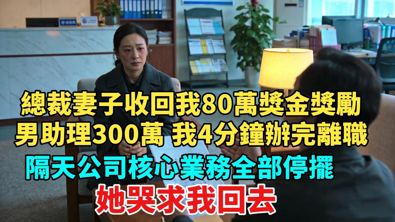 總裁妻子收回我80萬獎金，反倒獎勵男助理300萬，我只用4分鐘就辦完離職，隔天公司核心業務全部停擺，她求我回去#故事頻道#情感故事#分享#情感#感情#婚姻