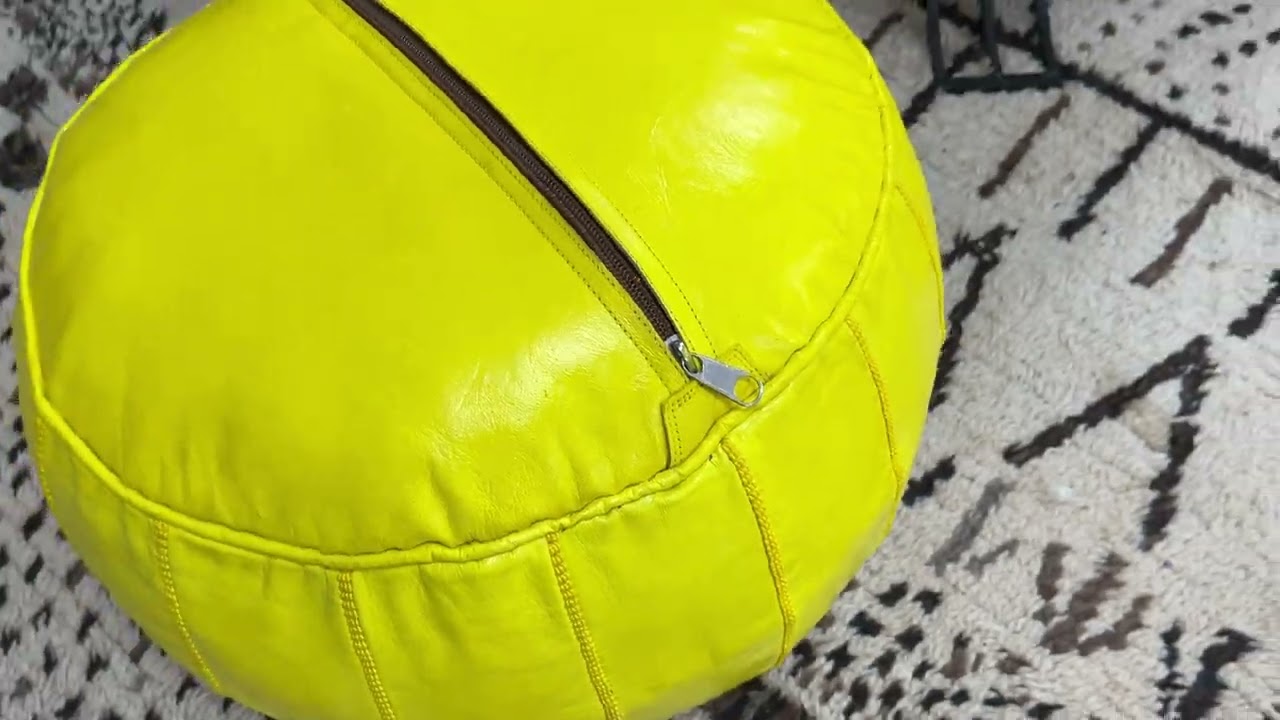 Kechart &ndash; Yellow leather ottoman pouf, Moroccan pure leather pouf, handmade ottoman pouf