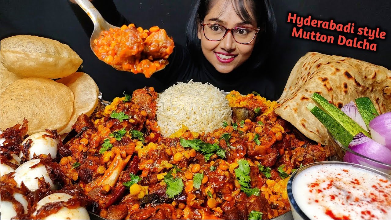 Eating Hyderabadi Mutton Dalcha, Aloo ke parathe, Poori | Big Bites | Asmr Eating | Mukbang