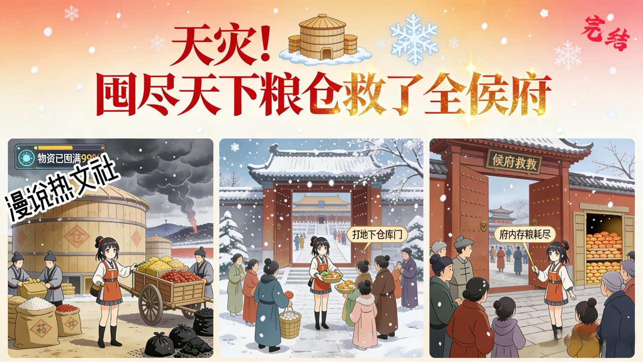 完结《天灾！囤尽天下粮仓救了全侯府》穿越成了侯府大少爷的新婚妻。 然而在她的记忆里，整个侯府会在新婚第二天被满门抄斩。在侯府被抄斩后的第十天，这个朝代还会陆续迎来毁灭性的天灾。#穿越#种田#古代言情